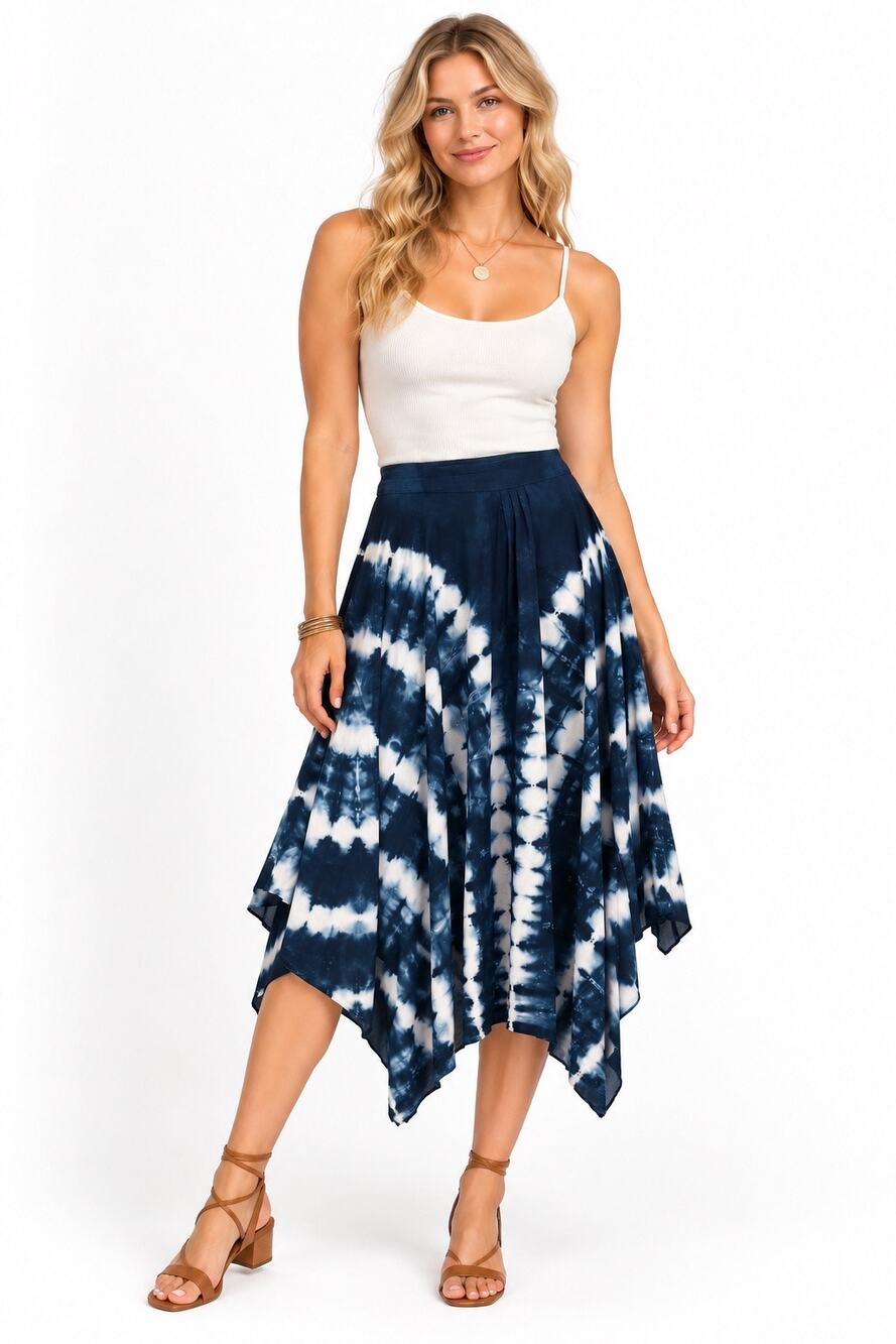Vintage ‘00s Studio West Tie Dye Elastic Waist High Low Handkerchief Hem Skirt